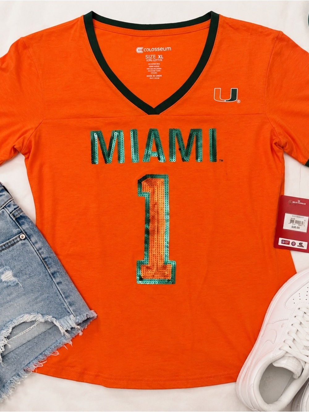 Miami Hurricanes Women’s XL Sequin #1 Game Day Tee Orange Colosseum NWT